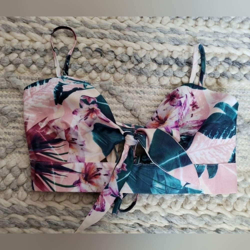 Aura Pink & Teal Floral Tie-Front Crop Top